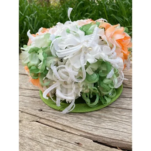 Vintage 1960s Millinery Flower Bucket Hat Peach and Green
